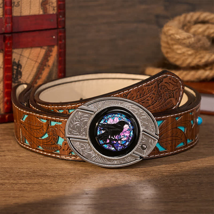 Midnight Raven's Window DIY Hidden Folding Knife Buckle Leather Belt - Raven's Window - Turquoise Carved Belt - 42 - image 3