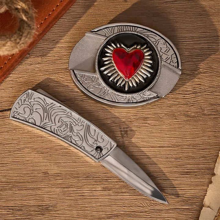 Flaming Red Heart DIY Hidden Folding Knife Buckle Leather Belt - image 1