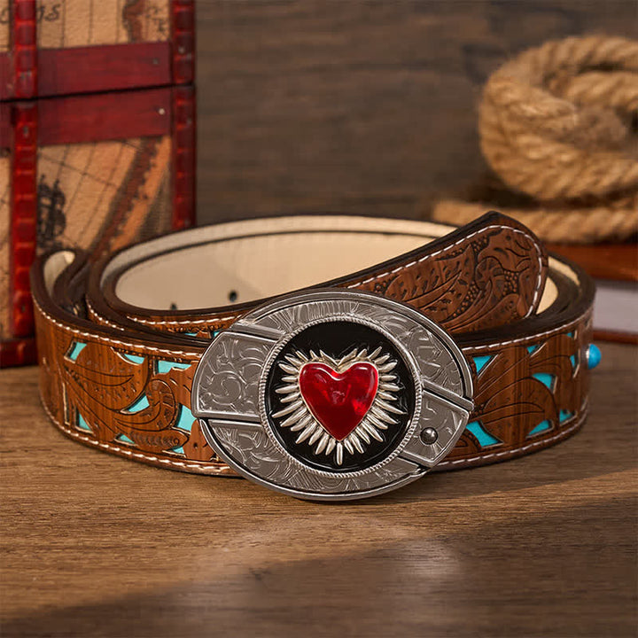 Flaming Red Heart DIY Hidden Folding Knife Buckle Leather Belt - Red Sacred Heart - Turquoise Carved Belt - 42 - image 3