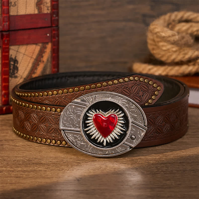 Flaming Red Heart DIY Hidden Folding Knife Buckle Leather Belt - Red Sacred Heart - Brown Rivet Belt - 42 - image 4