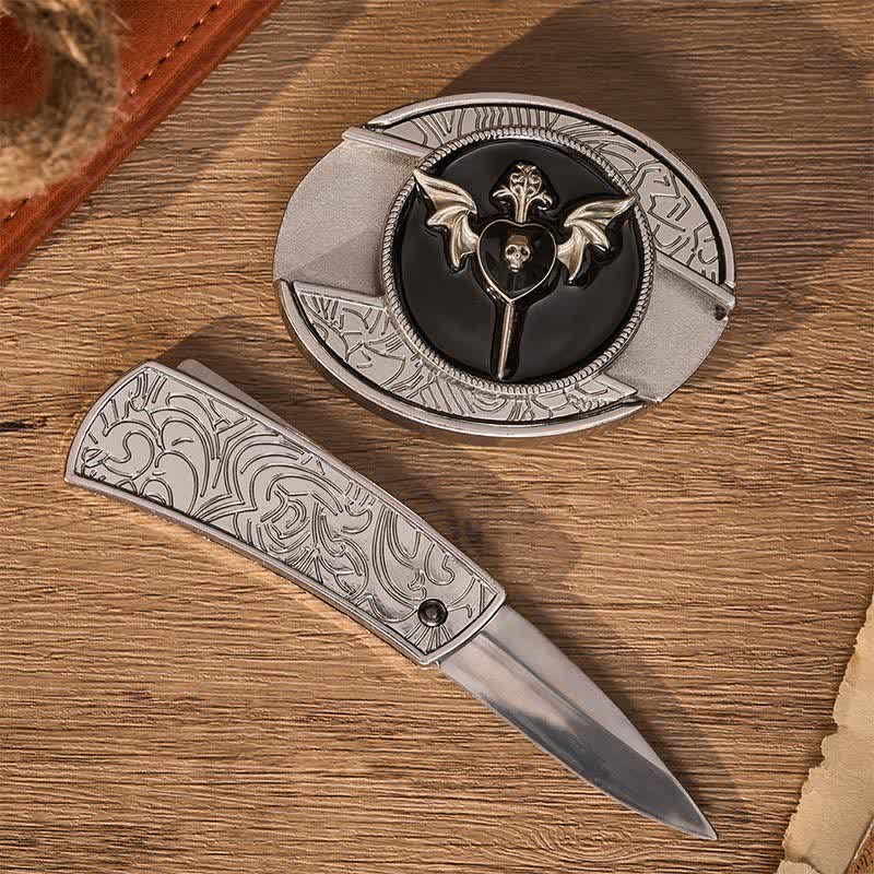 Bat Wing Dark Love Skull DIY Hidden Folding Knife Buckle Leather Belt - Dark Love - Brown Distressed Belt - 42 - image 5