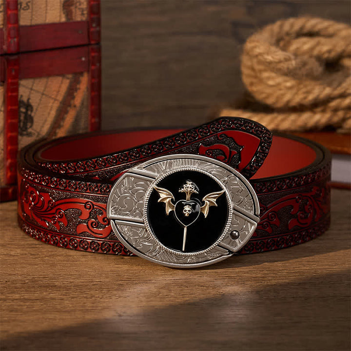 Bat Wing Dark Love Skull DIY Hidden Folding Knife Buckle Leather Belt - Dark Love - Brown Carved Belt - 42 - image 6