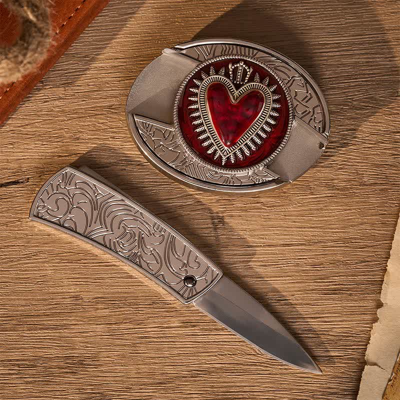 Red Crowned Heart DIY Hidden Folding Knife Buckle Leather Belt - image 1