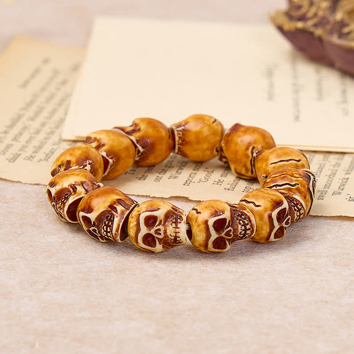 Punk Carved Grunge Skull Resin Beaded Stackable Bracelet - Brown - image 2