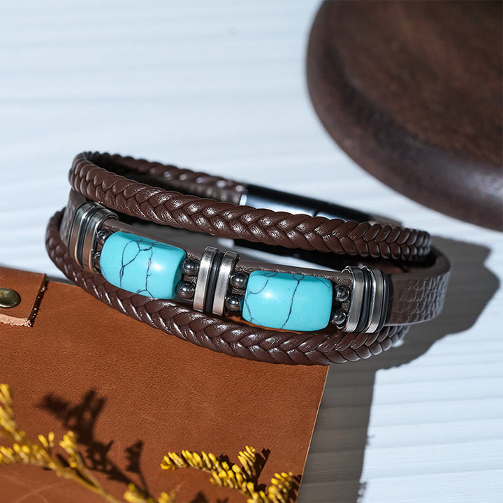 Western Braided Leather Turquoise Stone Accent Men's Bracelet - image 8