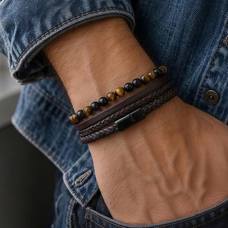 Men's Vintage Western Mixed Leather Lava Stone Multi-layer Bracelet - image 1