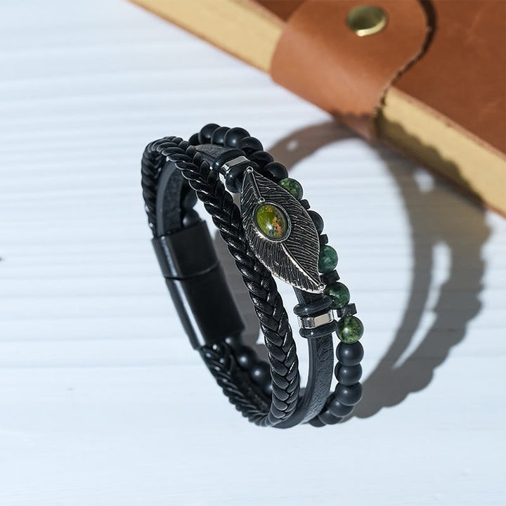 Men's Boho Western Leather Feather Gemstone Magnetic Bracelet - Style#4 - 23cm - image 4