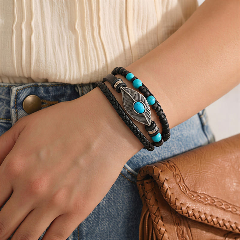 Men's Boho Western Leather Feather Gemstone Magnetic Bracelet - image 5