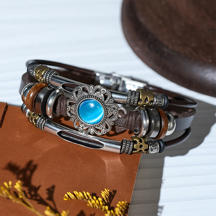 Western Flower Gemstone Multi-layer Leather Stainless Steel Bracelet - image 11