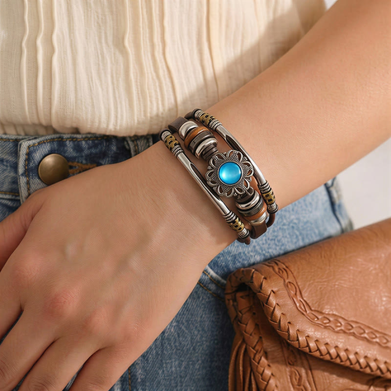 Western Flower Gemstone Multi-layer Leather Stainless Steel Bracelet - image 2