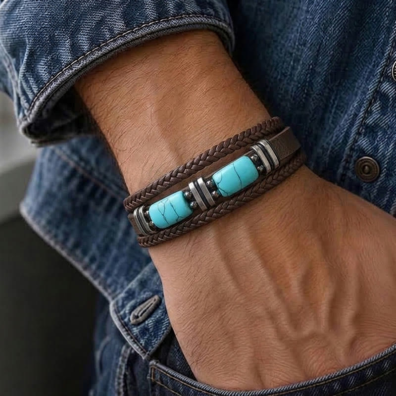 Western Braided Leather Turquoise Stone Accent Men's Bracelet - image 1