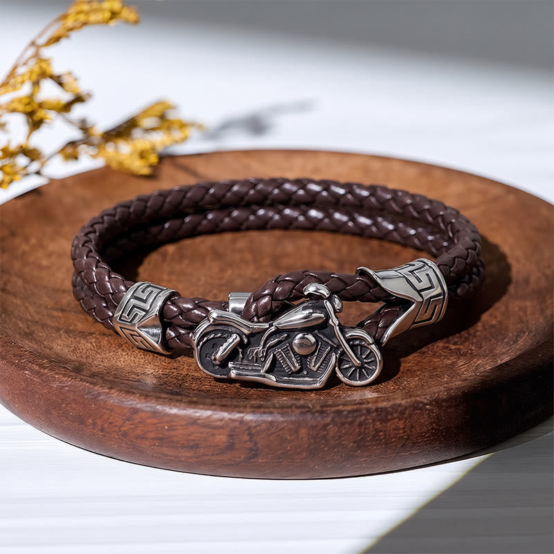 Punk Retro Biker Motorcycle Pattern Leather Bracelet - Brown - image 3