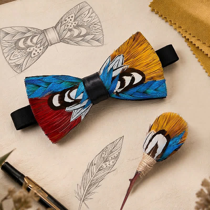 Crimson & Golden Aurora Pheasant Royal Blue Feather Bow Tie with Lapel Pin - image 0