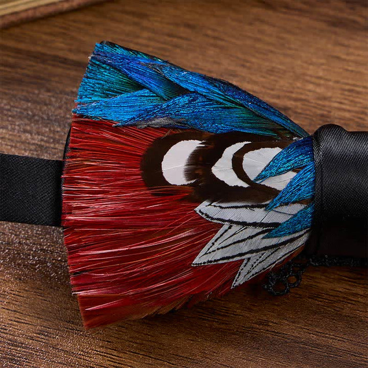 Crimson & Golden Aurora Pheasant Royal Blue Feather Bow Tie with Lapel Pin - image 3