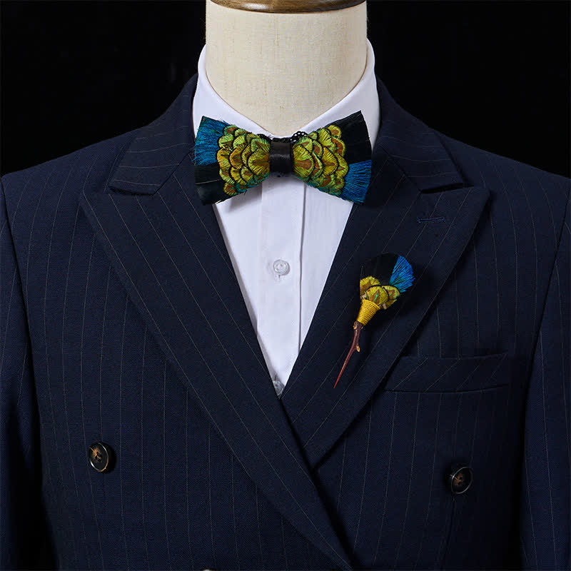 Blue & Black Midnight Peacock Feather Bow Tie with Lapel Pin - image 1