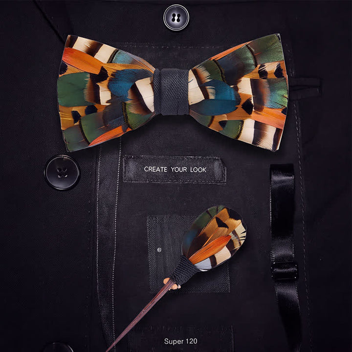 Rust Orange & Olive Green Autumn Mosaic Feather Bow Tie with Lapel Pin - image 5