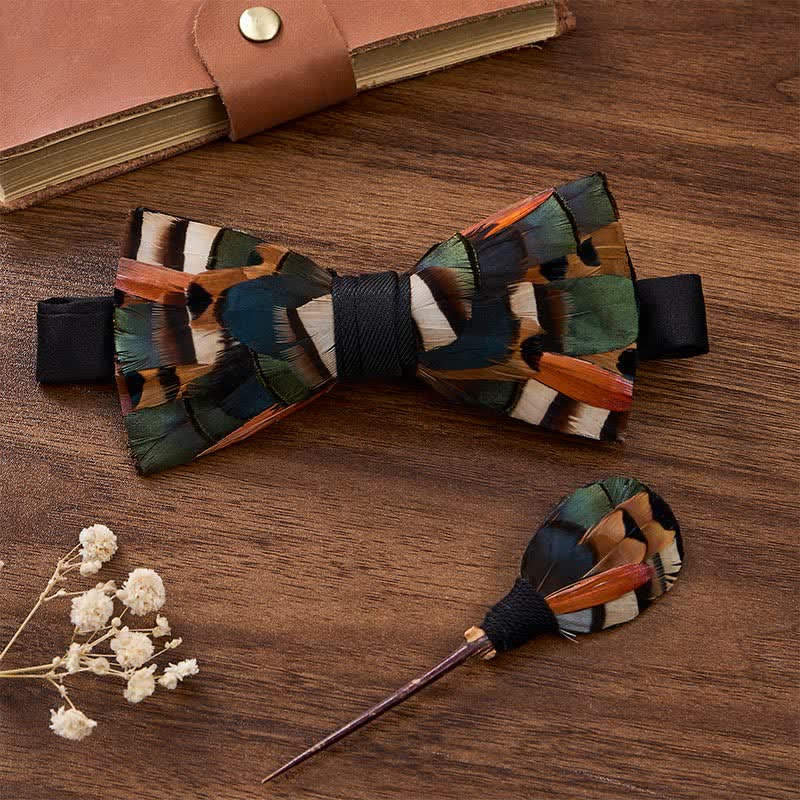 Rust Orange & Olive Green Autumn Mosaic Feather Bow Tie with Lapel Pin - Rust Orange & Olive Green - image 2