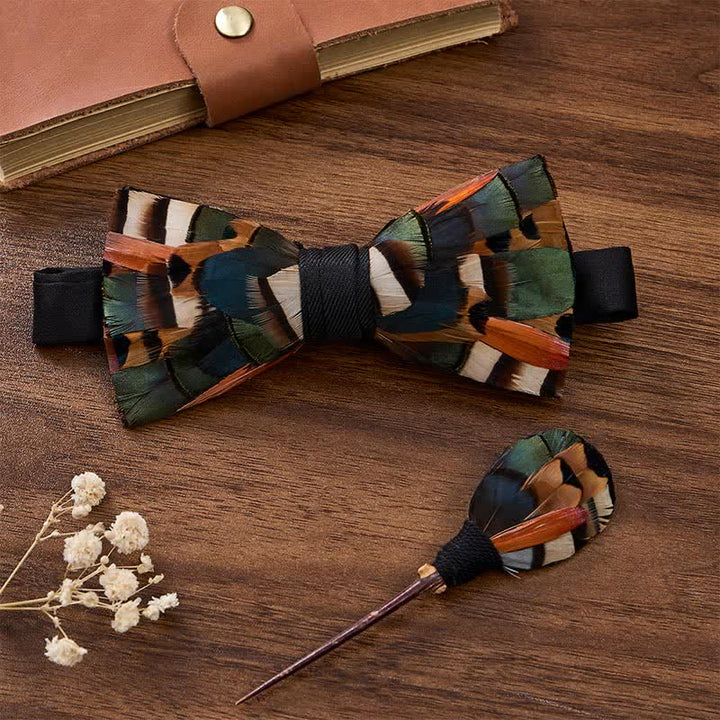 Rust Orange & Olive Green Autumn Mosaic Feather Bow Tie with Lapel Pin - Rust Orange & Olive Green - image 2
