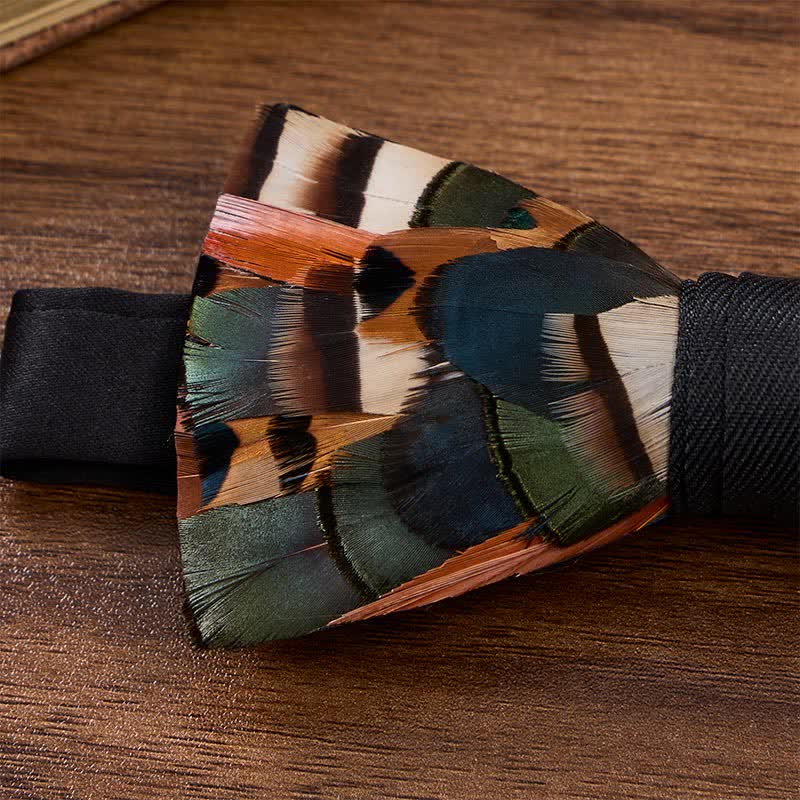 Rust Orange & Olive Green Autumn Mosaic Feather Bow Tie with Lapel Pin - image 3