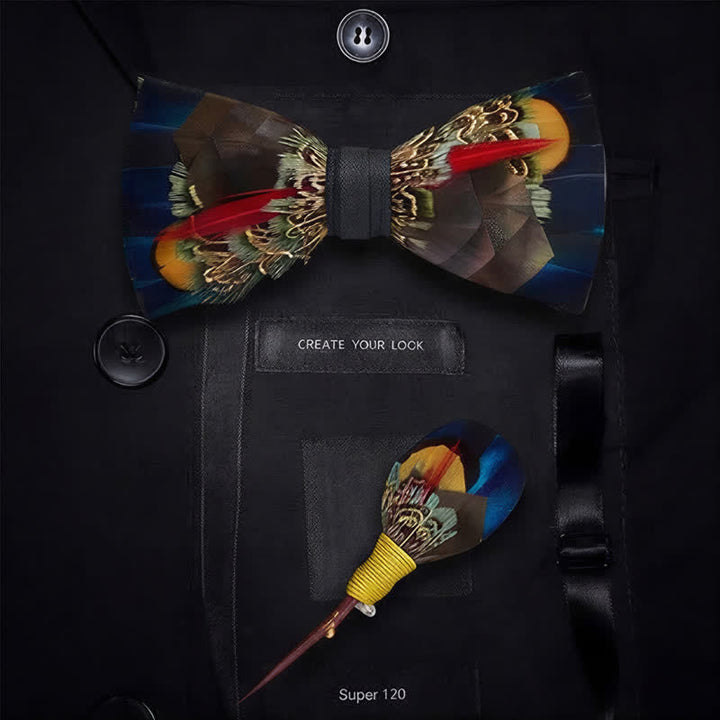 Chocolate Brown & Midnight Blue Noir Feather Bow Tie with Lapel Pin - image 5