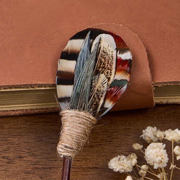 Brown & Ivory Striped Woodland Pheasant Feather Bow Tie with Lapel Pin - image 4