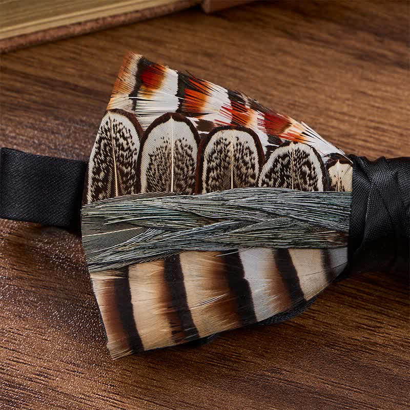 Brown & Ivory Striped Woodland Pheasant Feather Bow Tie with Lapel Pin - image 3
