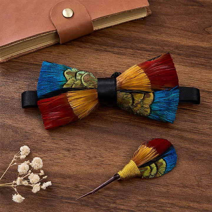 Multicolor Fiesta Carnival Feather Bow Tie with Lapel Pin - Multicolor - image 2