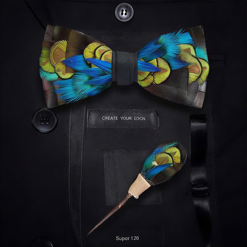 Jet Black & Blue Midnight Peacock Feather Bow Tie with Lapel Pin - image 5