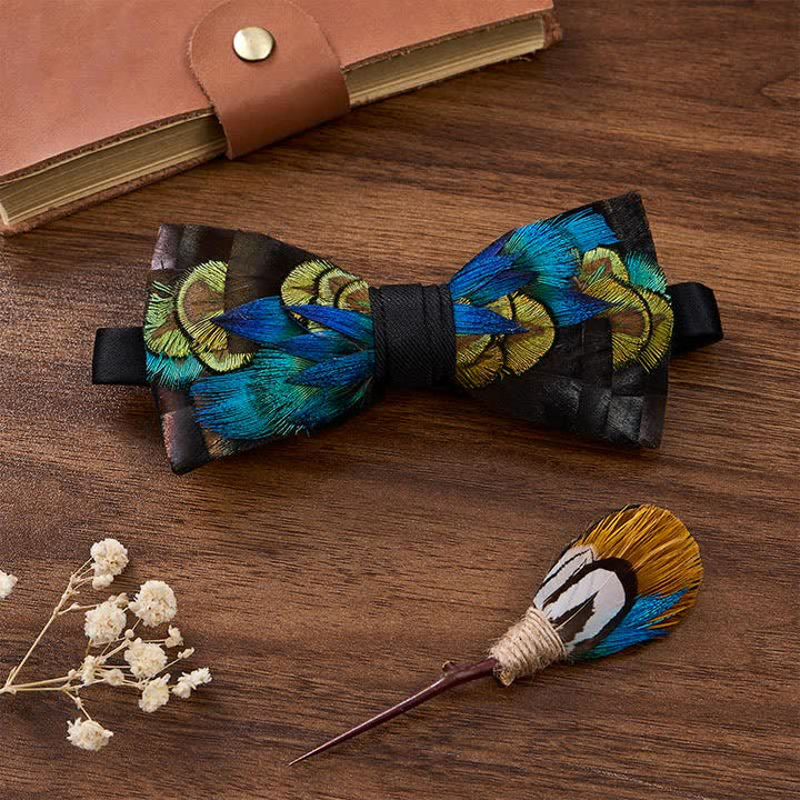 Jet Black & Blue Midnight Peacock Feather Bow Tie with Lapel Pin - Jet Black & Blue - image 2