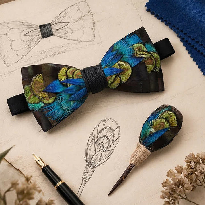 Jet Black & Blue Midnight Peacock Feather Bow Tie with Lapel Pin - image 0