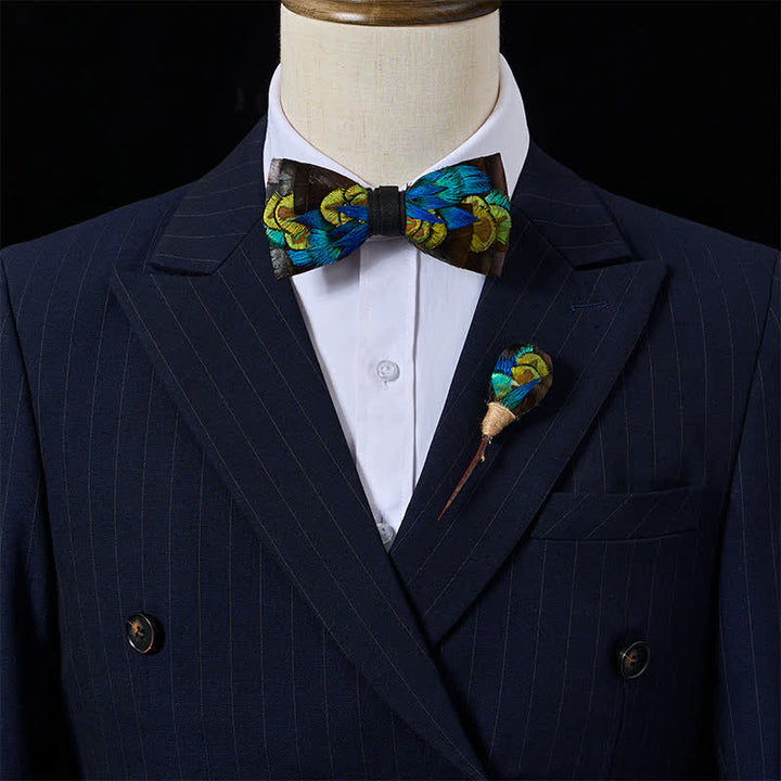 Jet Black & Blue Midnight Peacock Feather Bow Tie with Lapel Pin - image 1