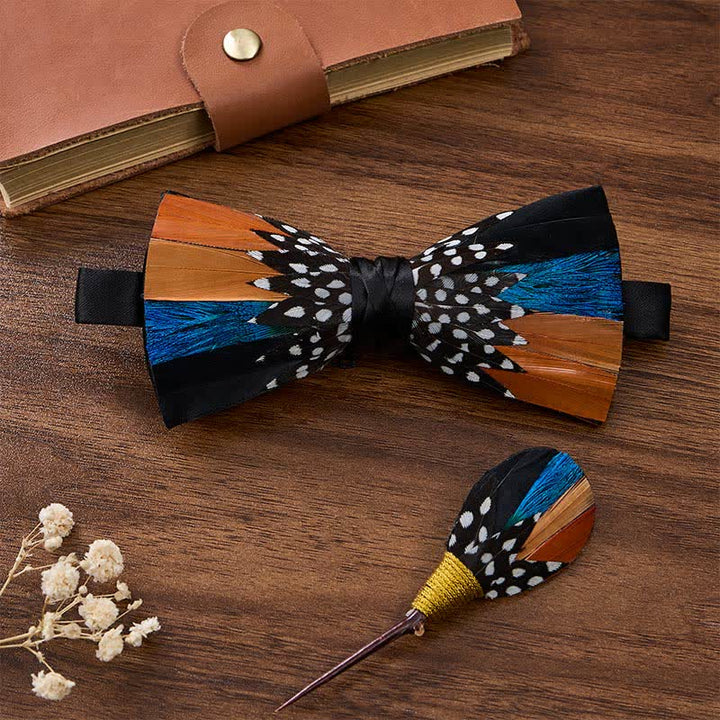 Orange & Blue Savanna Spots Polka Dot Feather Bow Tie with Lapel Pin - Orange & Blue - image 2