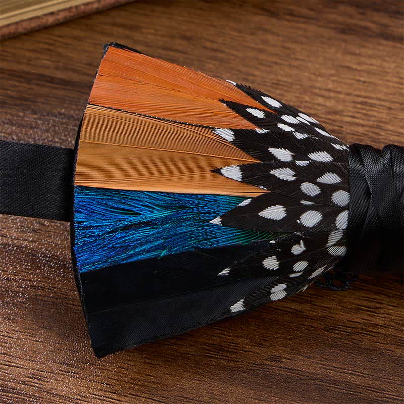 Orange & Blue Savanna Spots Polka Dot Feather Bow Tie with Lapel Pin - image 3