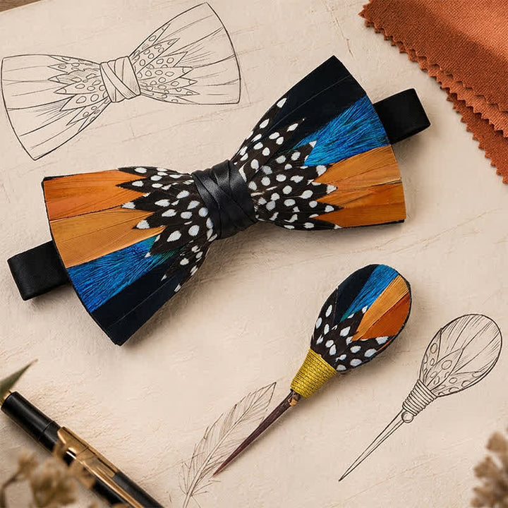 Orange & Blue Savanna Spots Polka Dot Feather Bow Tie with Lapel Pin - image 0