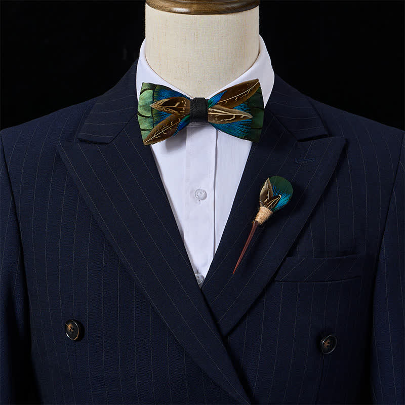 Forest Green & Pheasant Brown Woodland Noble Feather Bow Tie with Lapel Pin - image 1