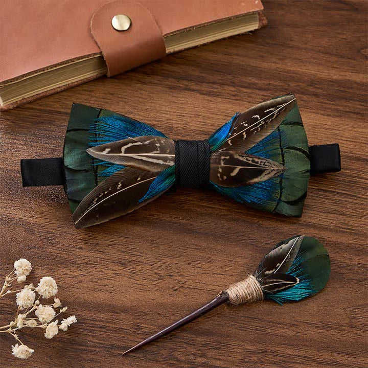 Forest Green & Pheasant Brown Woodland Noble Feather Bow Tie with Lapel Pin - Green & Brown - image 2