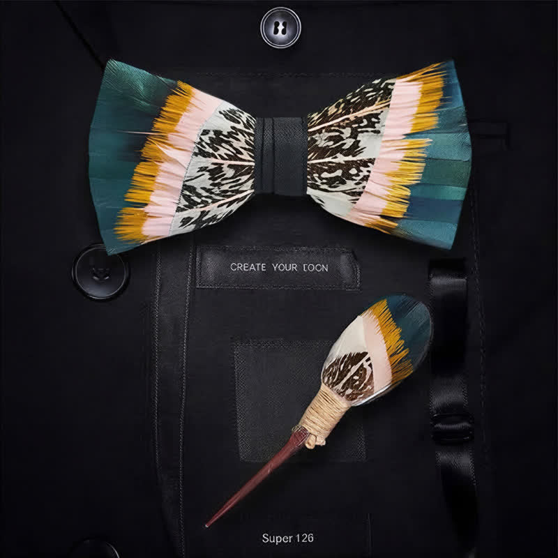 Deep Teal & Mustard Yellow Sunset Prairie Feather Bow Tie with Lapel Pin - image 5