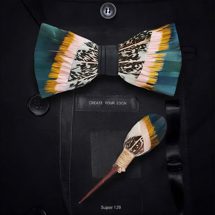 Deep Teal & Mustard Yellow Sunset Prairie Feather Bow Tie with Lapel Pin - image 5