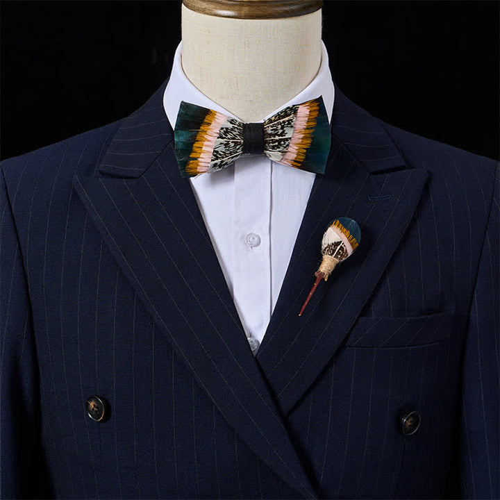 Deep Teal & Mustard Yellow Sunset Prairie Feather Bow Tie with Lapel Pin - image 1