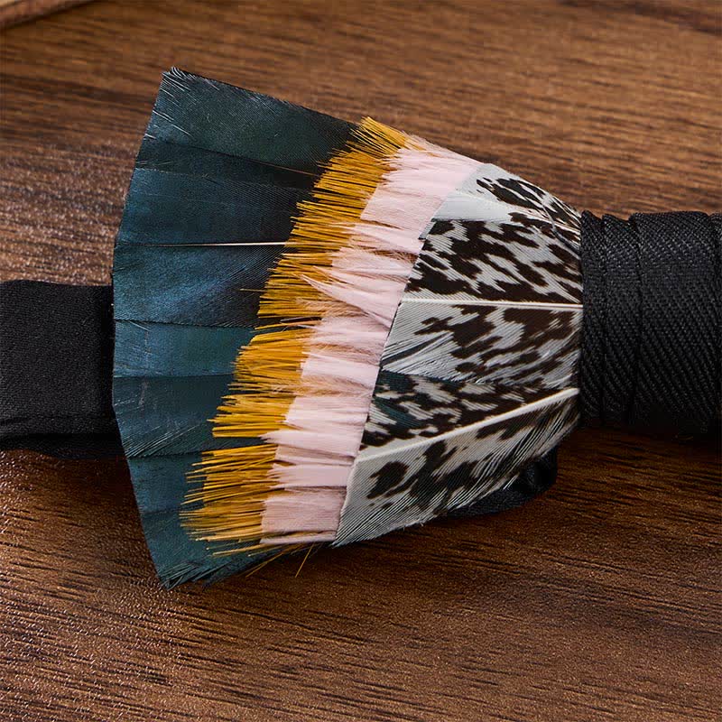 Deep Teal & Mustard Yellow Sunset Prairie Feather Bow Tie with Lapel Pin - image 3