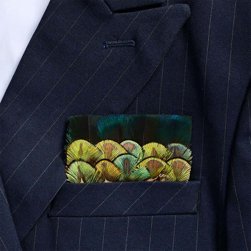 Iridescent Peacock Green & Mustard Yellow Feather Pocket Square - Green & Yellow - image 0
