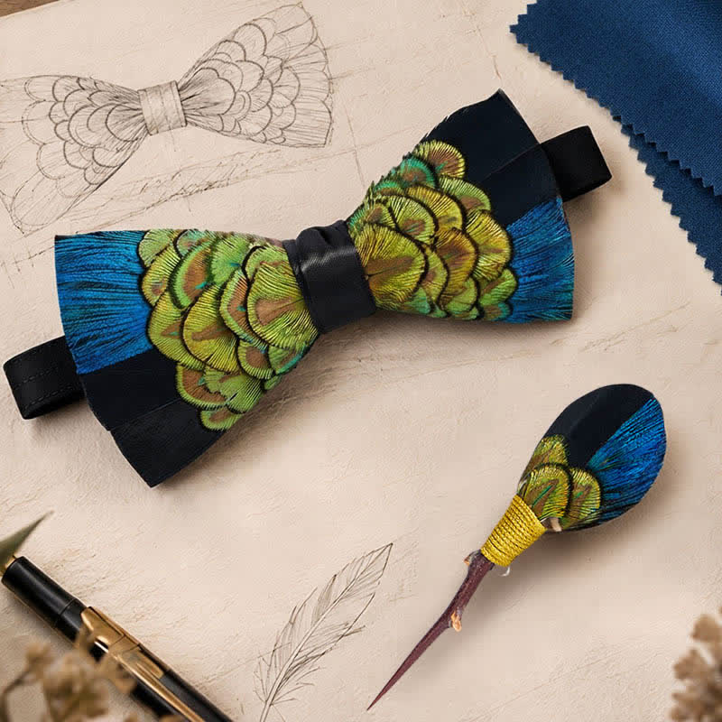Blue & Black Midnight Peacock Feather Bow Tie with Lapel Pin - image 0