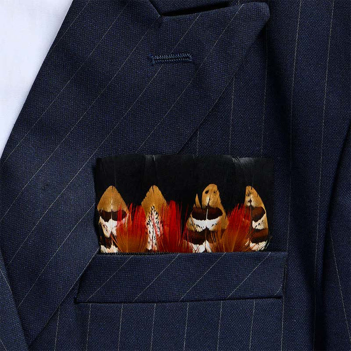 Fiery Red Plume & Chestnut Brown Pheasant Feather Pocket Square - Red & Brown - image 0