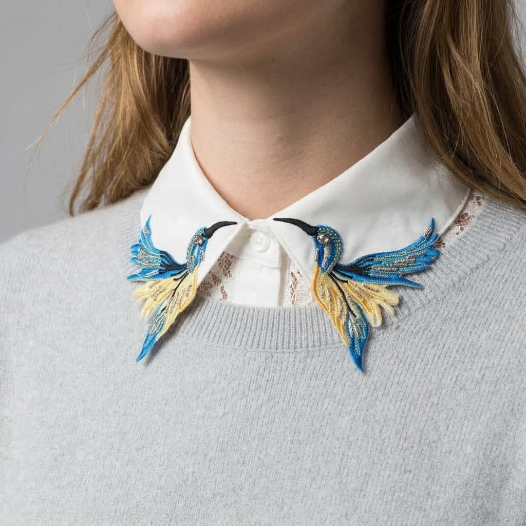 Women's Cute Colored Hummingbird Embroidered Fake Collar - image 0