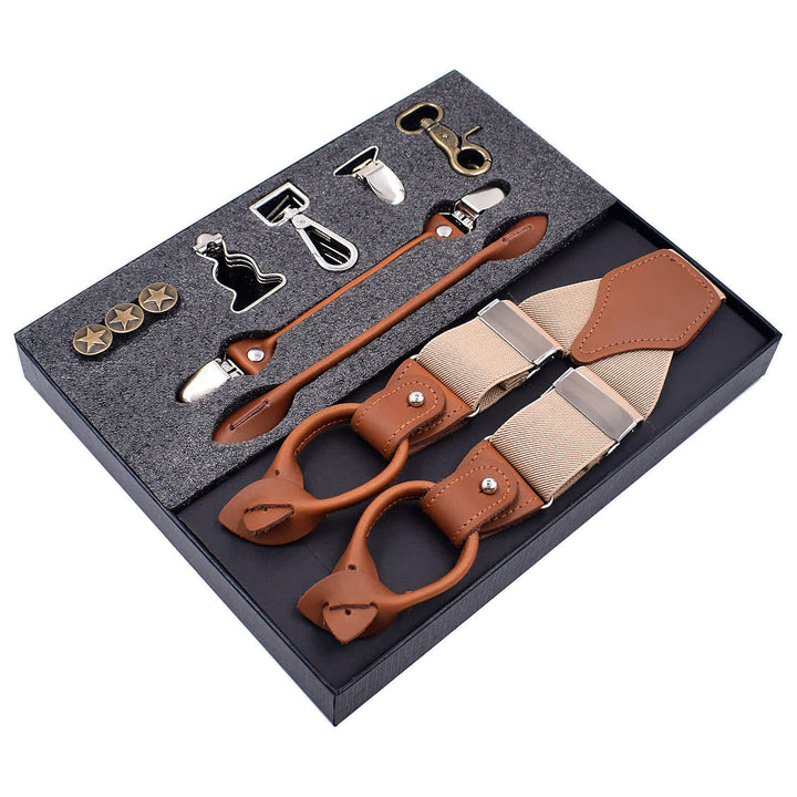 8Pcs Solid Color Combinable Buckle Adjustable Suspenders Set - Beige - image 1
