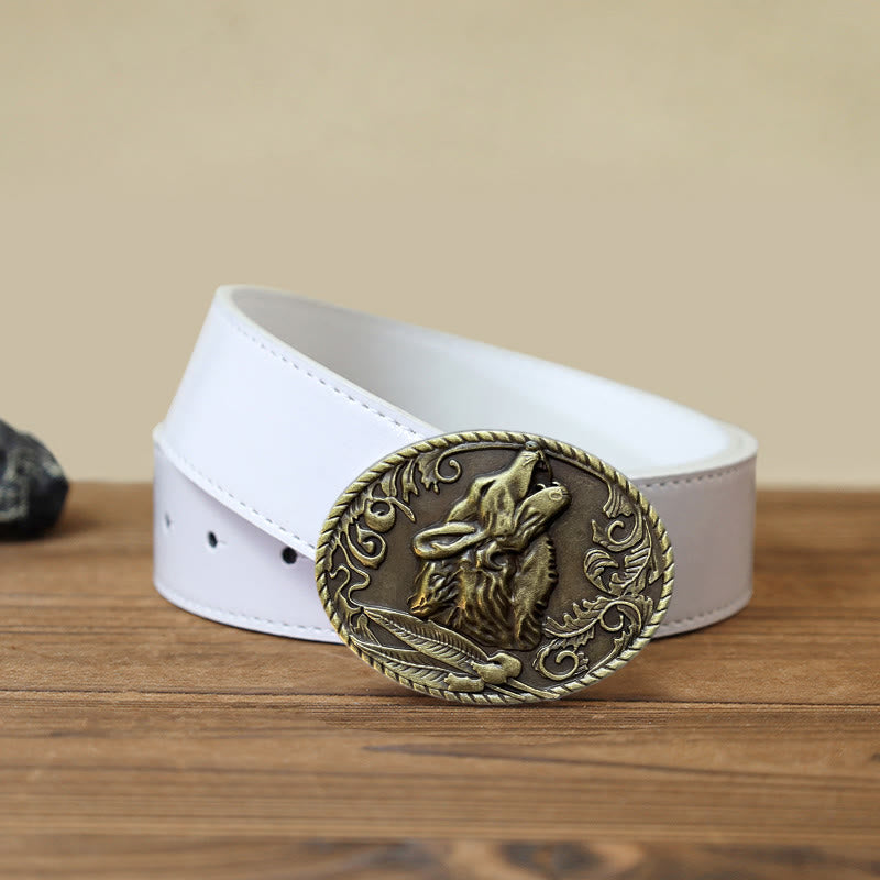 Men's DIY Howling Wolf Head Buckle Leather Belt - Antique Gold - White PU Belt (40) - image 8