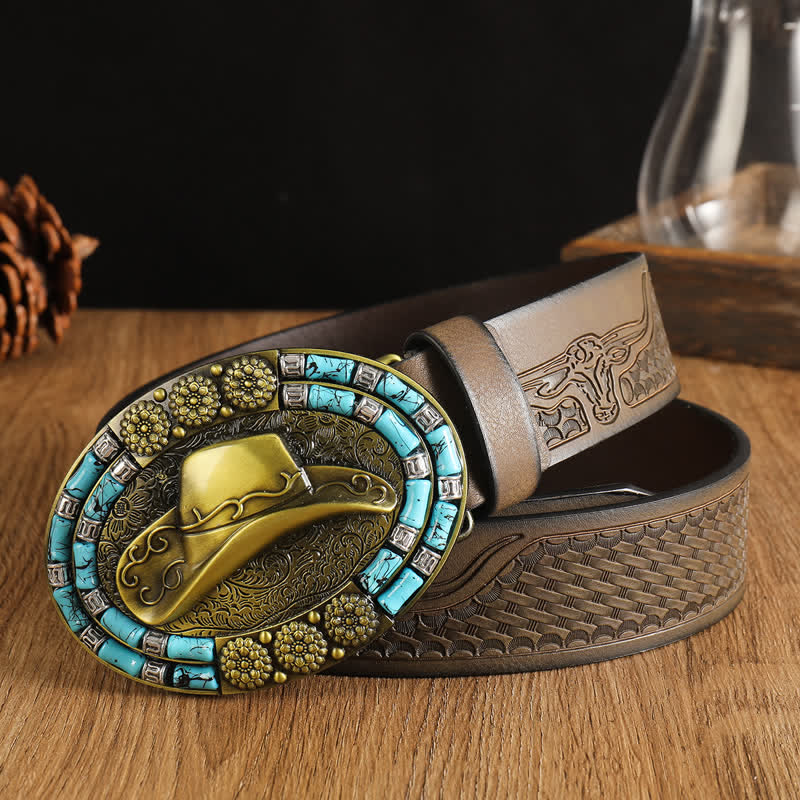 Men's Cowboy Gold Hat Turquoise Decor Leather Belt - Coffee - 42 - image 0
