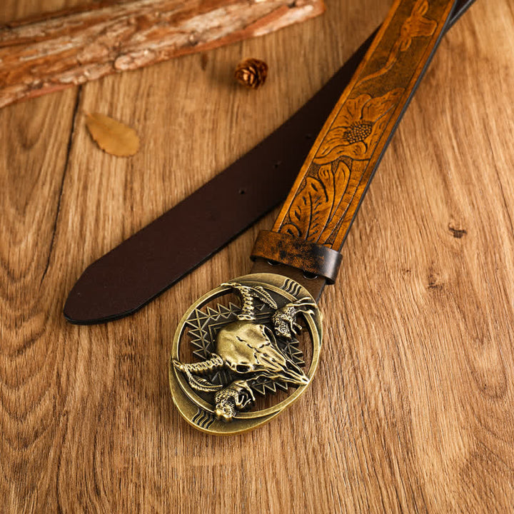 Men's Bull Skeleton Head Buckle Leather Belt - image 1