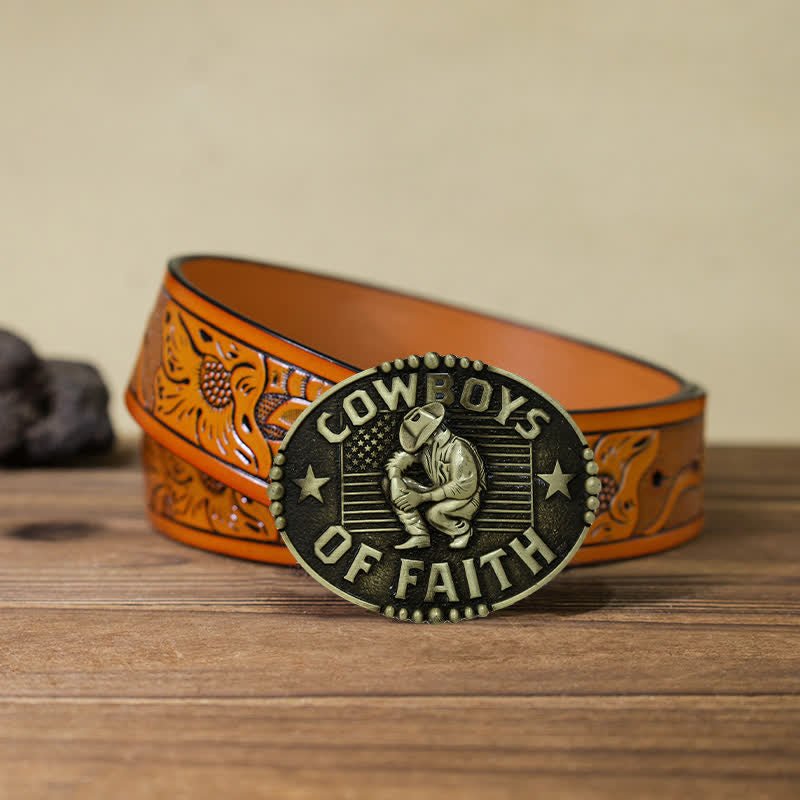 Men's DIY Cowboys Of Faith Buckle Leather Belt - Antique Gold - Orange Carved Belt (40) - image 22