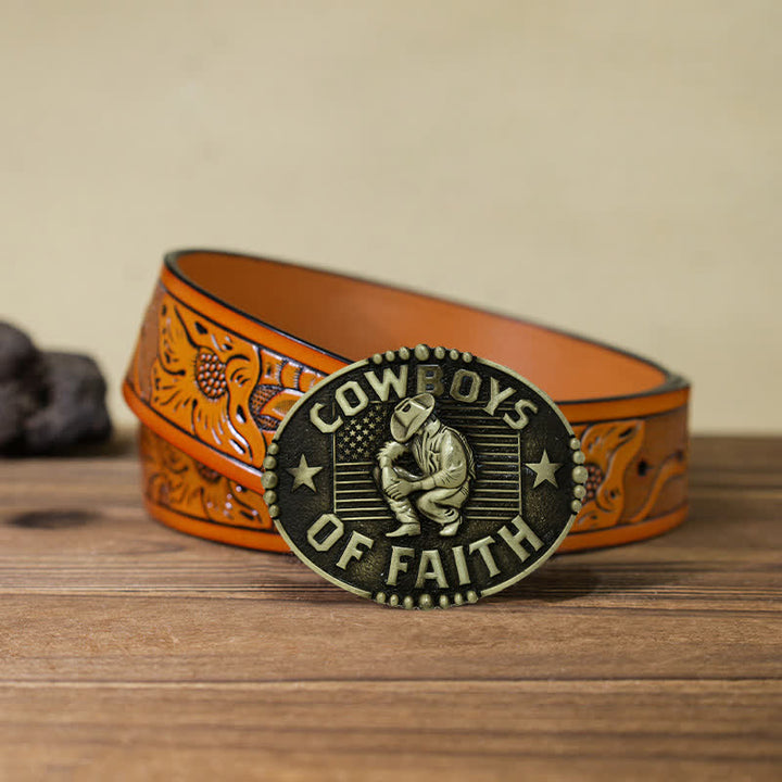 Men's DIY Cowboys Of Faith Buckle Leather Belt - Antique Gold - Orange Carved Belt (40) - image 22